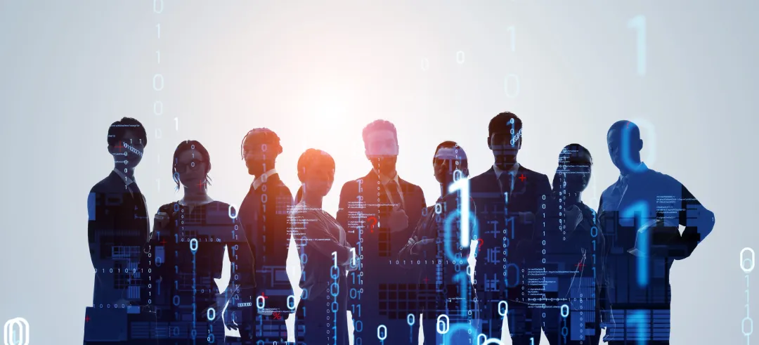 Grupo de personas en silueta con gráficos digitales y códigos binarios representando inteligencia artificial y tecnología
